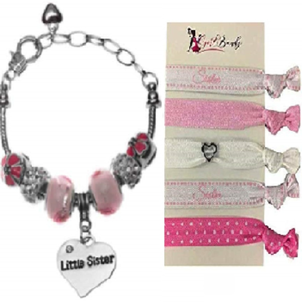 Little Sister Bracelet and Hair Tie Set Pink Jewel